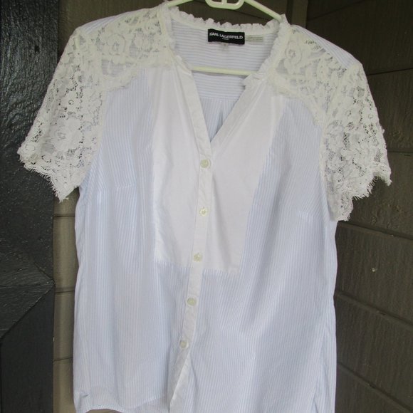 Karl Lagerfeld Paris Button Up Blouse Stripe & Laced Up  Size L - Picture 2 of 5